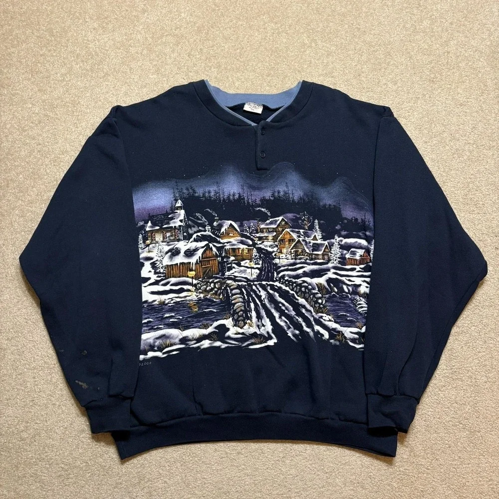 Vtg Winter Village AOP Sweatshirt Mens 2XL Blue Henley Christmas Snow Scene Cozy